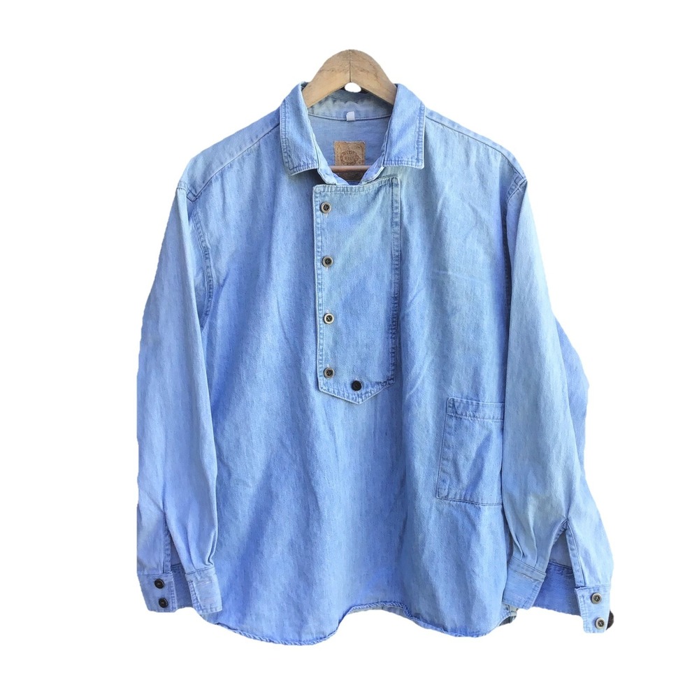 Wah Maker Western Denim Pullover Work Shirt Chambray Blue Vintage Style Large